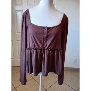 Shein Curve Blouse Brown Long Sleeve Square Neck 2XL Plus 1/2 Button Casual